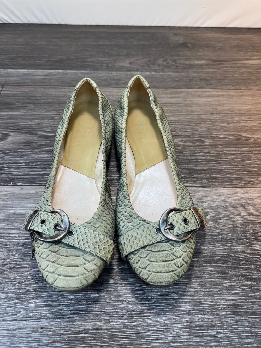 Dior Light Green Snake-Embossed Buckle Flats size 9.5 (h209)